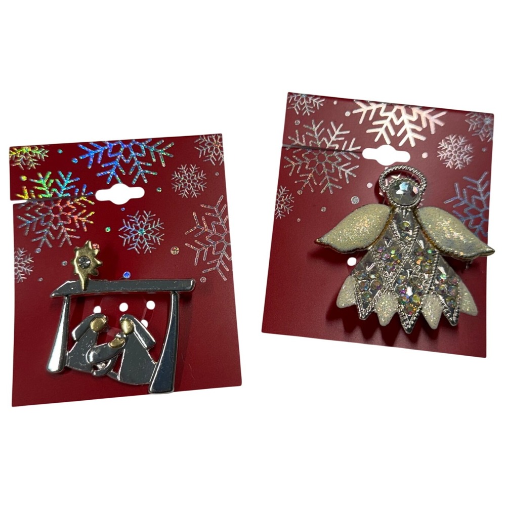 Christmas Brooch Set Angel Rhinestone & Two Tone Nativity Scene Pins 2pc